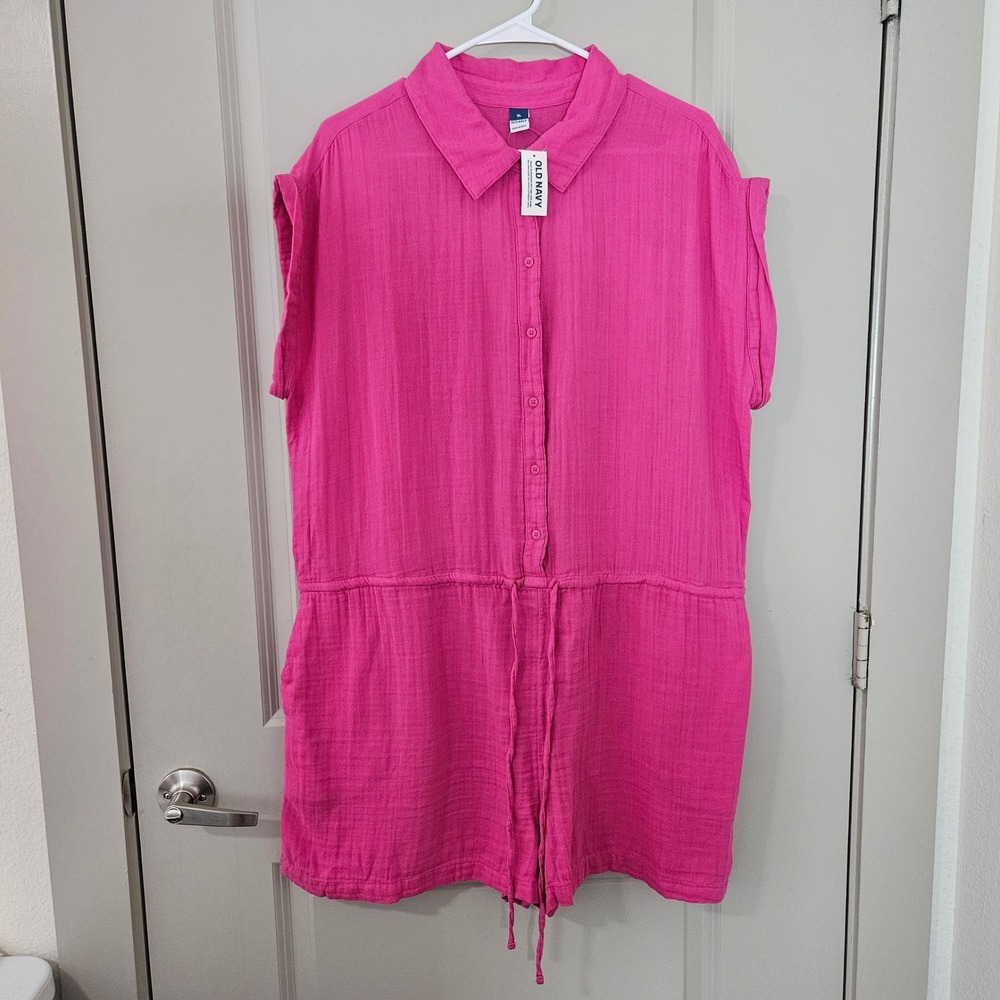 Old Navy Womens XL Pink Cotton Gauze Button Front Drawstring Waist Romper NWT
